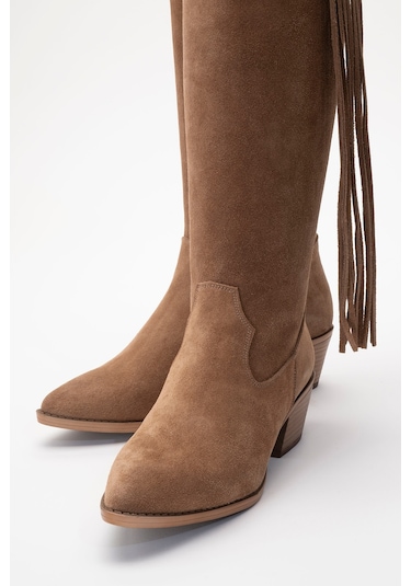 Rios Toprak Hakiki Deri Süet Püsküllü Kadın Kalın Topuklu Çizme Toprak