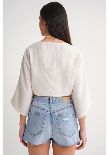 4723 Kadın Önü Bağlamalı Bolero Bluz Naturel Naturel