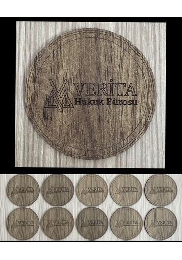 10'lu Kişiye / Şirkete Özel Logolu Bardak Altlığı Seti Lazer Kesim Kurumsal Hediye 9 Cm Koyu Ahşap