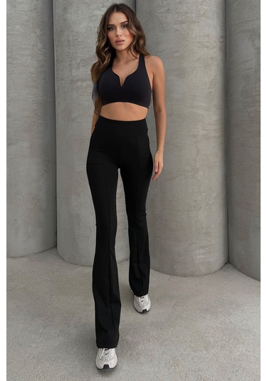 Lesa Wear Kadın Siyah Yüksek Bel Toparlayıcı Çift Cepli İspanyol Paça Tayt Bootcut Siyah