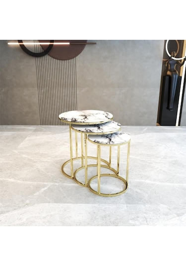 Lioon Art Gold Metal Ayaklı Temperli Cam Beyaz-sarı 3'lü Zigon Sehpa