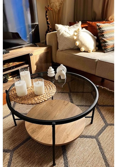 Nordic Orta Sehpa Temperli Cam 75 Cm Demonte Çizilmez Kırılmaz Metal Çerçeve Raflı Minimalist Sehpa - Atlantik Çam Atlantik Çam