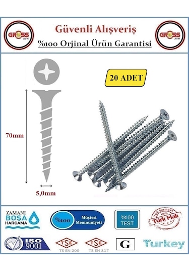 Sunta Vidası - Sivri Uçlu Ahşap Sunta Vidası - 5.0x70mm - 20 Adet 5.0*70