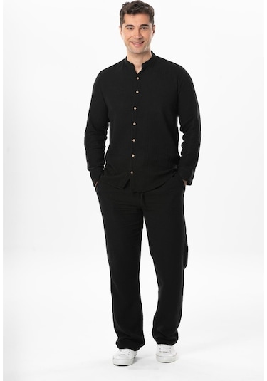 Uzun Kol Hakim Yaka Erkek Müslin Yazlık Gömlek Siyah Syh-siyah Siyah