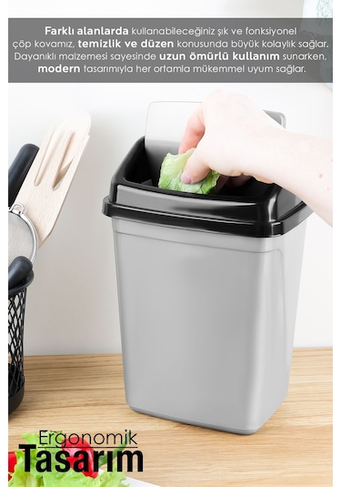 Kapaklı Plastik Çöp Kovası - Ev Ofis Banyo Mutfak Tezgah Üstü Çöp Kovası Gri 5 Litre Gri