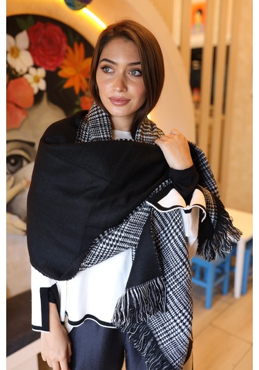 Çift Taraflı Kazayağı Desenli Atkı Omuz Şalı 70x185 CM 1212 Siyah