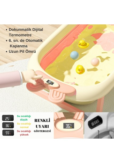 Katlanabilir Termometreli Bebek Küveti Filesi Bebek Havuzu Pembe