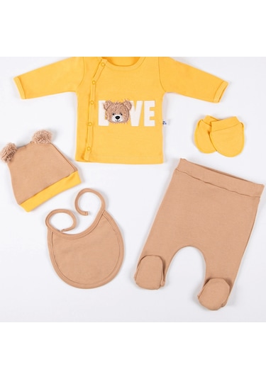 Candar 3 Ay Bebek Hastane Çıkışı Love Bear Nakışlı 5'li Erkek Sarı