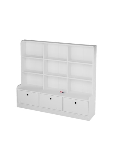 Bofigo 3 Kapaklı 9 Raflı Dolap Kitaplık Çok Amaçlı Dolap Oyuncak Dolabı Demet Beyaz Beyaz