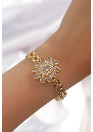 Pirinç Gold Renk İri Zirkon Taşlı Çiçek Figürlü Bileklik - Tj-bb6141