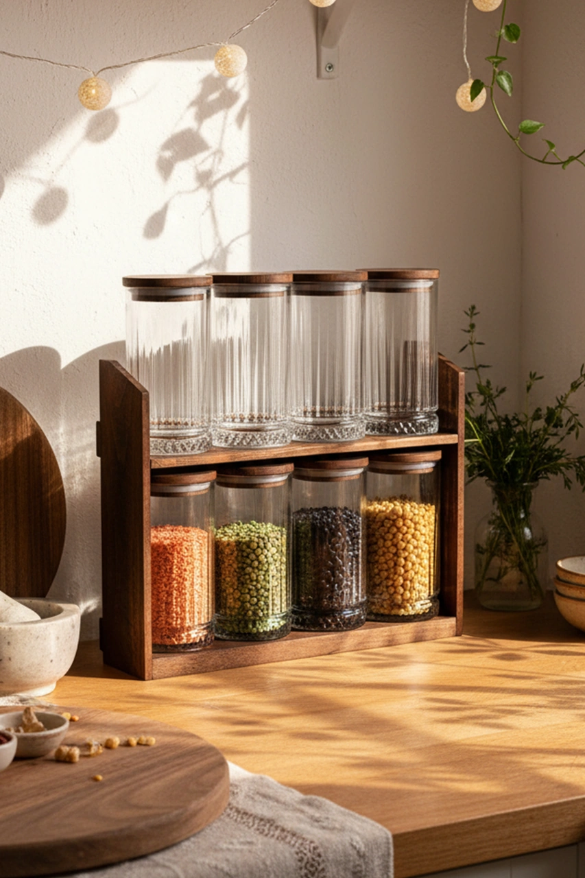 Mira Büyük - 8'li Ahşap Standlı Vakumlu Ahşap Kapaklı Cam Baharatlık Takımı Saklama Kabı Seti 445 Ml Ahşap