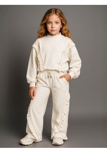 Kız Çocuk Fırfırlı Tasarım Eşofman Takımı-16228 Ekru