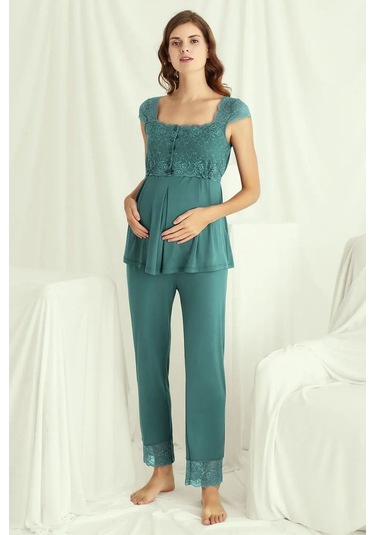 Monamise 18535 Hamile Lohusa Sabahlıklı Pijama Takım-yeşil