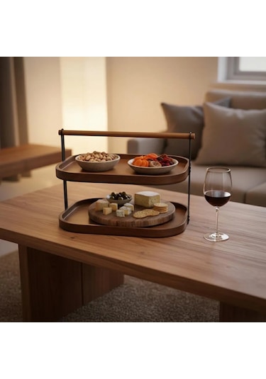 Qerhome 2 Katlı Akasya Stand / Sunumluk / Çok Amaçlı Organizer Doğal Ahşap İki Katlı Servis Ahşap