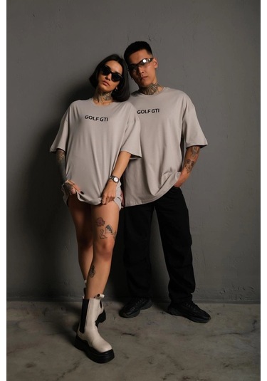 Oversize Baskılı Tişört Golf Gtı Retro Araba Desenli - Gri -vlmr Gri