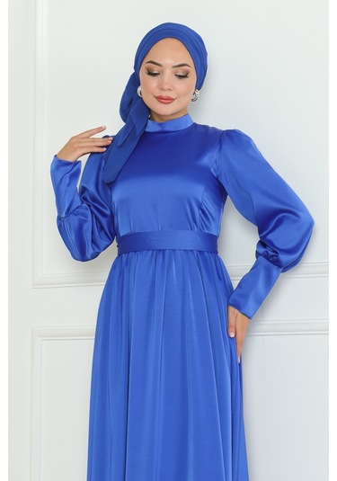 Kuşaklı Saten Abiye 1136 - Saks Mavisi