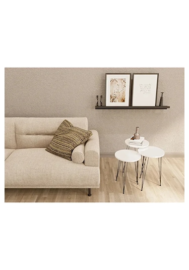 Zigon Sehpa 3'lü Yuvarlak Siyah Tel Ayaklı Beyaz