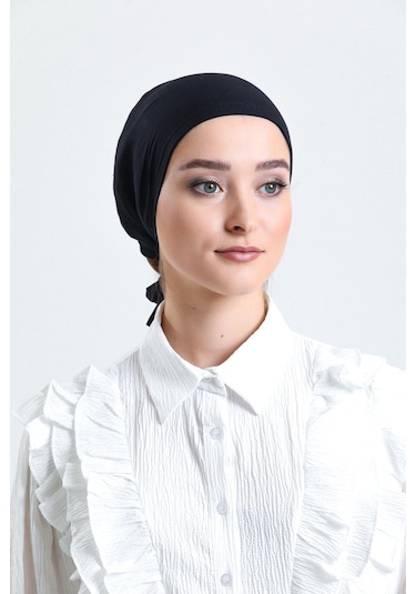 Siyah Arkadan Bağlamalı Tesettür Bone Penye Kumaş Düz Bone 1011 01 Siyah