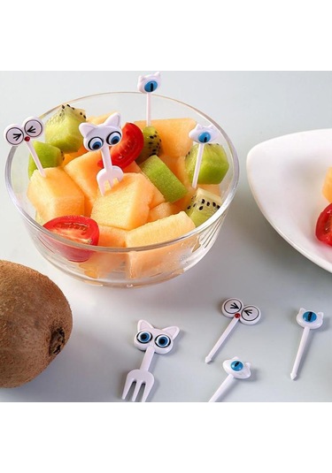 8 Adet Sevimli Kedi Gözü Meyve Çatalı Yaratıcı Hayvan Meyve Çubukları Mini Karikatür Bento Çocuk Dekorasyonu Ev Çok Renkli