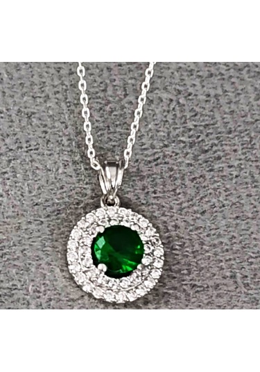 Lilahgümüştr Gümüş Yeşil Taşlı Yuvarlak Kadın Kolye