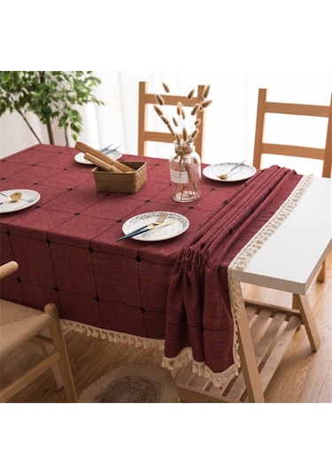 Kare Kafes İşlemeli Masa Örtüsü Saf Renk Pamuk Keten Püskül Dikdörtgen Sehpa Mat, Boyutu: 110x170cm Kırmızı Kırmızı