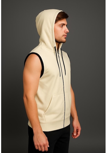 Axxel Erkek Krem Fermuarlı Kapüşonlu Kanguru Cepli Kolsuz Yelek-y1142 Krem
