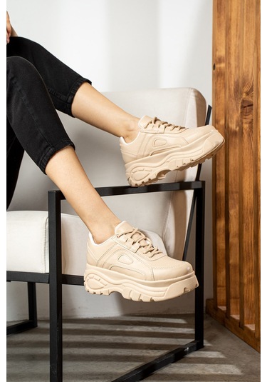 Günlük Kadın Spor Ayakkabı Yüksek Kalın Taban 6 Cm Suni Deri Sneaker 001 Bej