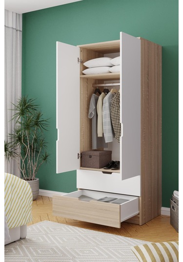 Lento 2 Kapaklı 1 Askılı 2 Çekmeceli Gardırop Beyaz Meşe Beyaz Meşe