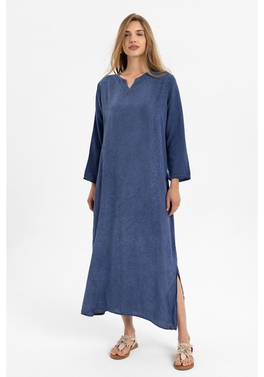 Mavi İşlemeli Uzun Kollu Astarsız Pamuklu Uzun Elbise-mavi