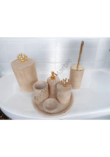 Sarı Traverten Klasik Model 7 Parça Gold Renk Mercan Aksesuarlı Banyo Seti Sarı Traverten