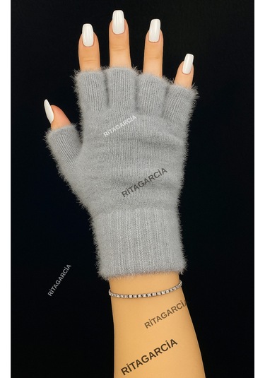 Peluş Kesik Parmak Eldiven Gri