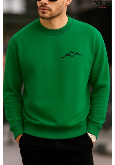 Dağ Baskılı Bisiklet Yaka Sweatshirt Yeşil