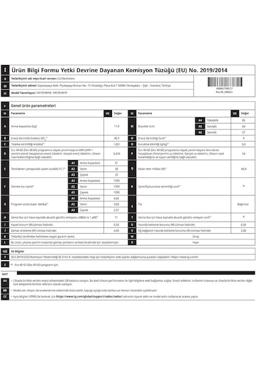 Lg F4Y7EYWYW 11 KG 1400 Devir Çamaşır Makinesi