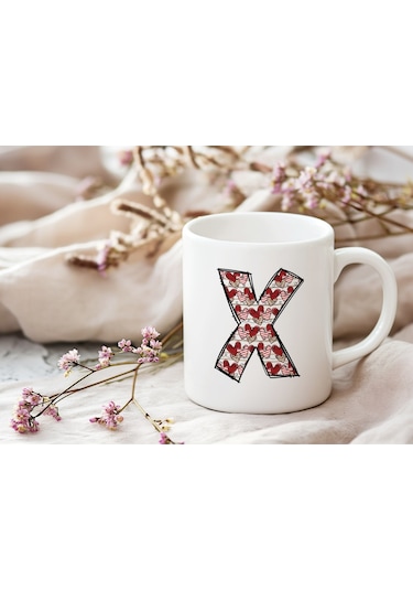 X Harfi Aşk Temalı Kupa - Kalp Desenli Kişiye Özel Romantik Sevgililer Günü Kahve Kupası Beyaz