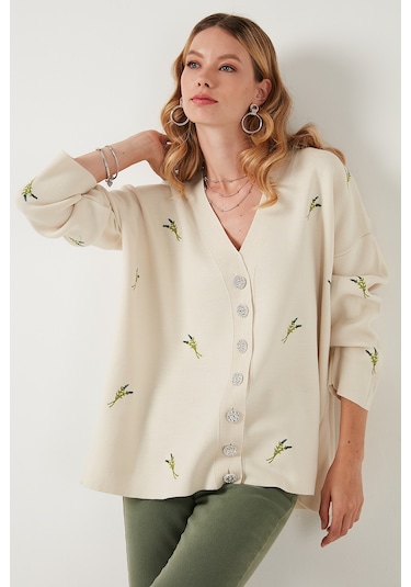 Lela Oversize Fit Desenli V Yaka Triko Bayan Hırka 4616193 Krem