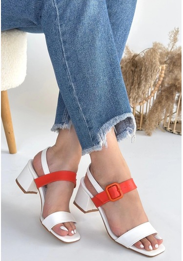 Year Beyaz Cilt Turuncu Detaylı Beyaz Kadın Topuklu Ayakkabı Beyaz3