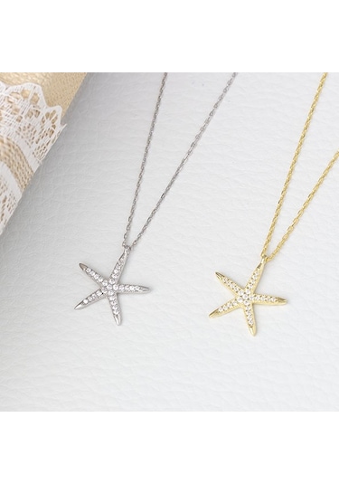 Deniz Yıldızı Model Zirkon Taşlı 925 Ayar Gümüş Gold Rengi Kadın Kolye Gold