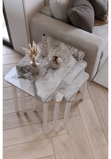 Zuesse Dizayn Beyza 3lü Zigon Sehpa & Yan Sehpa Beyaz Ahşap Ayaklı Salon Seti Çay Sehpası - Beyaz Mermer
