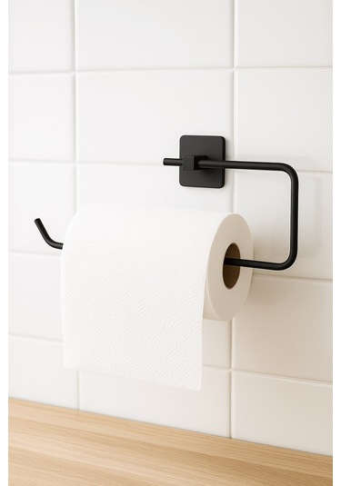 Siyah Yapışkanlı Solo Havluluk Kare Topuzlu, Yapıştır/vidala Montajlı Metal Banyo Askısı - S-110 - Kts Siyah