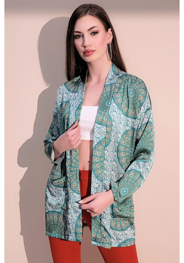 Kadın Yeşil Etnik Desen Yeni Moda Saten Çift Cepli Salaş Kimono Ceket - Tesettüre Uygun Yeşil