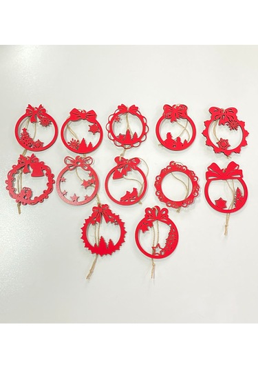 Ahşap 12 Adet Yılbaşı Ağacı Süsü Kırmızı