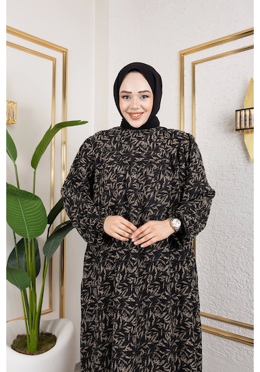 Nevayla Moda Robalı Desenli Viskon Elbise - Bej / E0126 Bej
