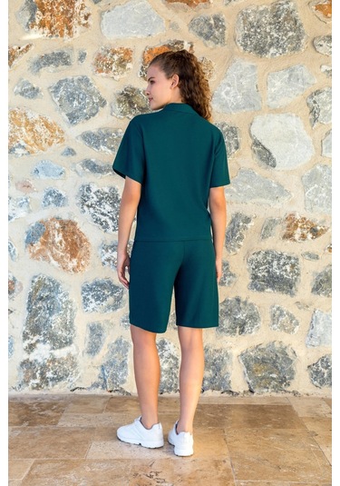Kadın Kısa Kol Önden Düğmeli Petrol Yeşili Şortlu Pijama Takım C1t0n04y42 001