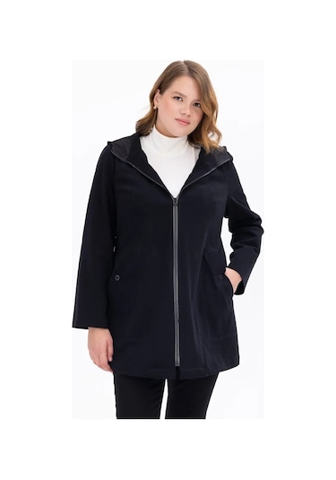 Gala-xi Kapüşonlu Büyük Beden Sırt Detaylı Siyah Kadın Kap 232111201004 Siyah