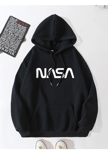 Startmore Siyah Unisex Kadın/erkek Nasa Renkli Baskılı Oversize Kapüşonlu