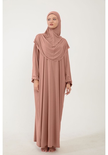 Kadın Tesettür Pamuklu Başörtülü Namaz Elbisesi Dantelli Tek Parça Penye Kumaş Gül Kurusu