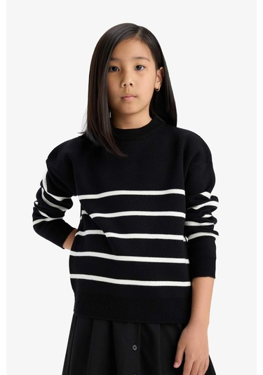 Defacto Kız Çocuk Bisiklet Yaka Çizgili Triko Kazak Z0194a625aubk27 Siyah