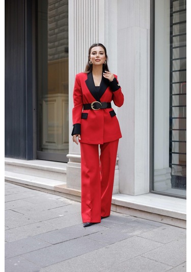 Gold Kemerli Garnili Kruvaze Takım Kırmızı Kırmızı