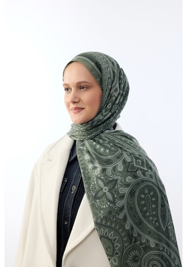 Mirsoy Scarf Mirayze Etnik Desen Şal Zeytin Yeşil