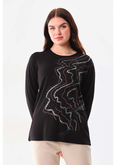 Sistas Kadın Desenli Bisiklet Yaka Uzun Kollu Bluz 23636 Siyah